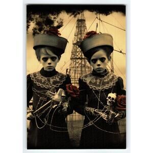 Vintage Halloween Photochrome Postcard of Gothic Twins with Skeleton
